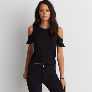American Eagle Soft & Sexy Black Ribbed Knit Large Cold Shoulder Top